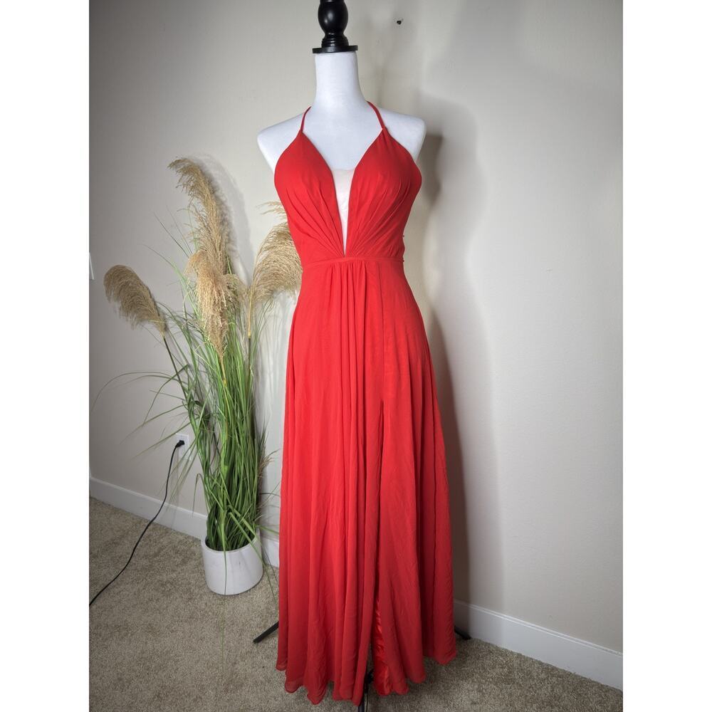 FAVIANA Women's Illusion Plunge Chiffon Gown Red Prom Maxi Dress V Neck Formal 0 - Picture 3 of 8